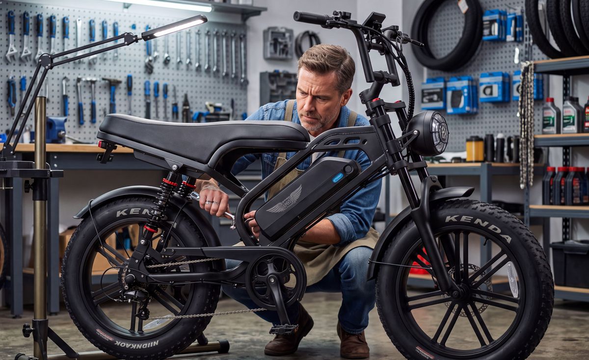 Mecânico fazendo manutenção em uma bike elétrica na oficina